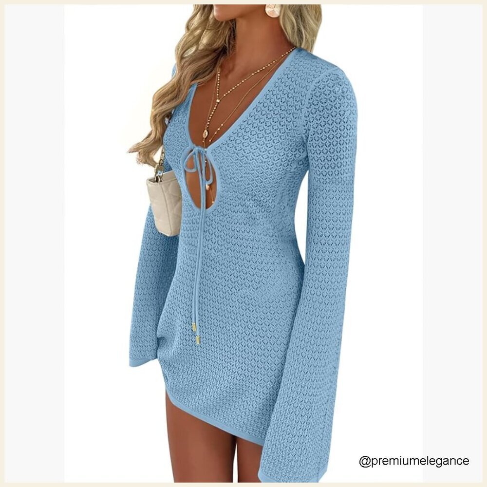 Crochet Mesh Knit Swimsuit Cover Up Dress Long Sleeve V Neck Loose Fit